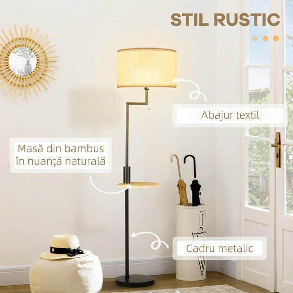 HOMCOM Lampă de Podea din Bambus cu Raft Integrat, Neagră și Bej | Aosom Romania