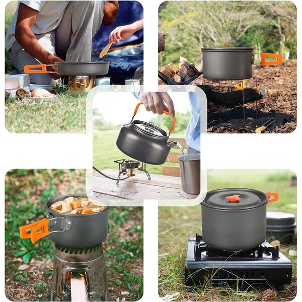 Set de gatit pentru camping, oala, tigaie, ceainic, boluri, husa transport