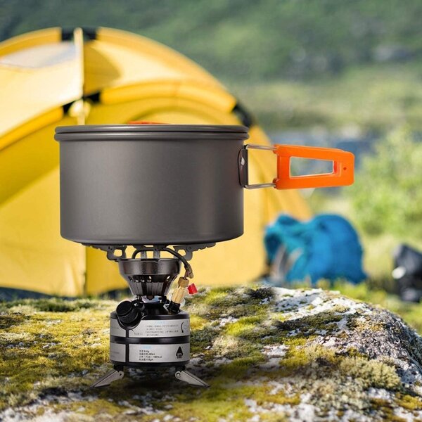 Set de gatit pentru camping, oala, tigaie, ceainic, boluri, husa transport