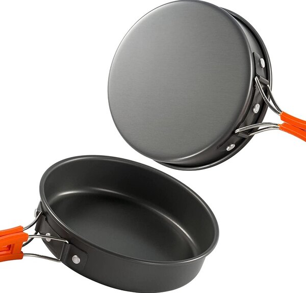Set de gatit pentru camping, oala, tigaie, ceainic, boluri, husa transport