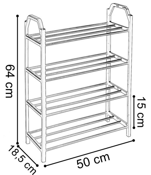 Raft incaltaminte, 4 niveluri, 8 perechi pantofi, otel si plastic, 64x50x18,5 cm