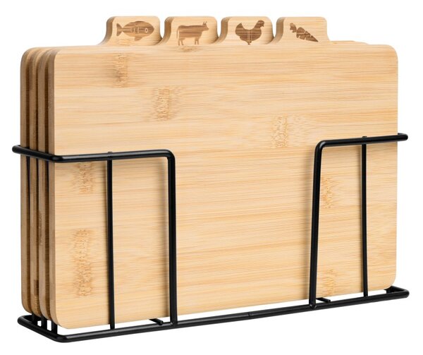 Set 4 tocatoare din bambus, pentru peste, carne rosie si alba, legume, suport otel, 28x18x0,9 cm