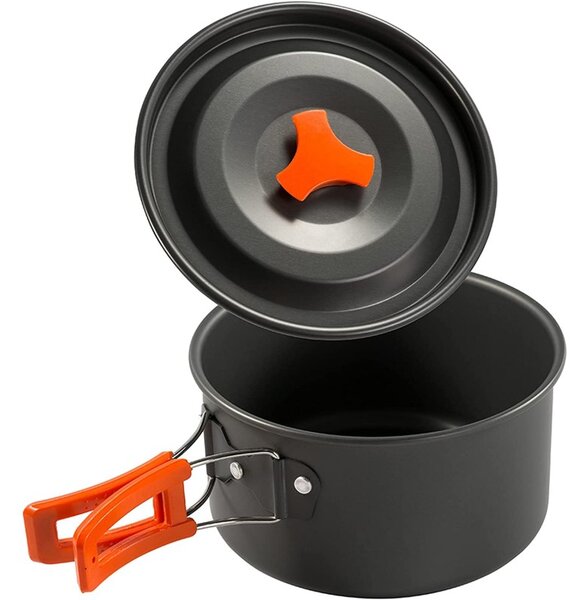 Set de gatit pentru camping, oala, tigaie, ceainic, boluri, husa transport