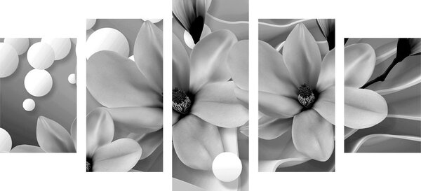 Tablou 5-piese magnolia pe un fundal abstract alb-negru