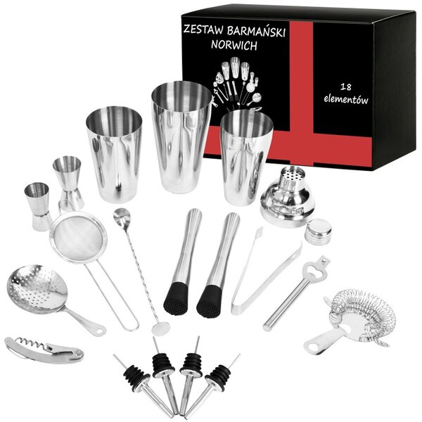 Kit complet barman, 18 piese pentru bar din otel inoxidabil