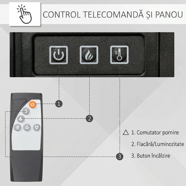 HOMCOM Șemineu Electric de Podea 1800W cu Efect de Flacără, Telecomandă și Timer | Aosom Romania