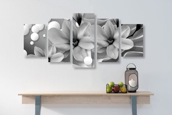 Tablou 5-piese magnolia pe un fundal abstract alb-negru