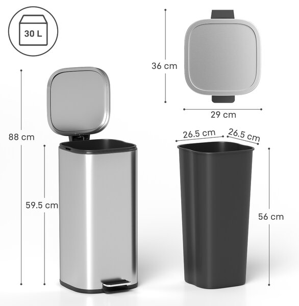 Coș de Gunoi HOMCOM de 30L cu Închidere Amortizată și Găleată Detașabilă, Pedală din Metal și PP, 29x36x59,5 cm, Argintiu | Aosom Romania