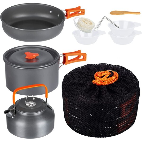 Set de gatit pentru camping, oala, tigaie, ceainic, boluri, husa transport