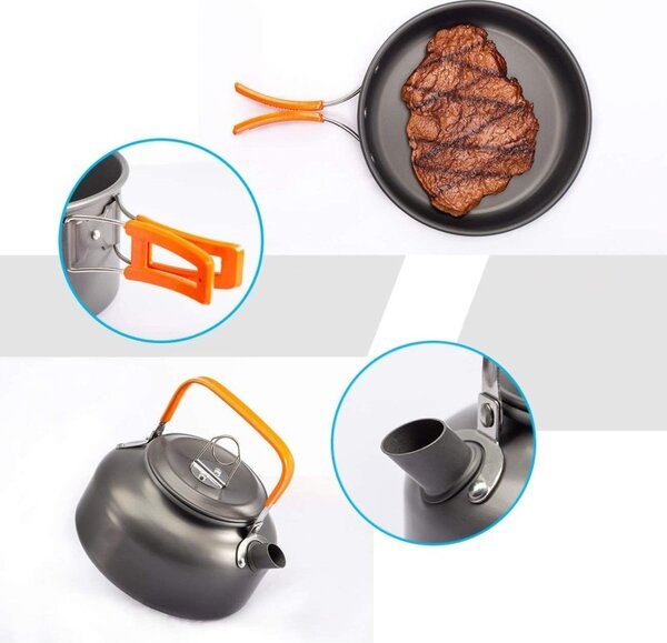 Set de gatit pentru camping, oala, tigaie, ceainic, boluri, husa transport