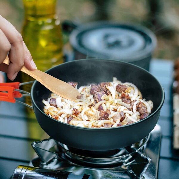 Set de gatit pentru camping, oala, tigaie, ceainic, boluri, husa transport