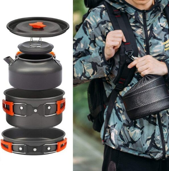Set de gatit pentru camping, oala, tigaie, ceainic, boluri, husa transport