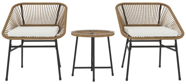 Outsunny Set Bistro din 3 Piese cu Măsuță de Cafea cu Blat de Sticlă și 2 Scaune, Φ45x46 cm, Natural | Aosom Romania