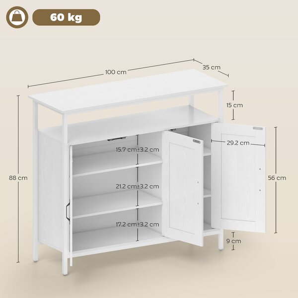 HOMCOM Bufet de Bucătărie cu Raft Deschis și 2 Dulapuri, Mobilier de Bucătărie cu Rafturi Ajustabile din Lemn, Bufet pentru Hol, Sufragerie și Sala de Mese, 100x35x88 cm, Alb | Aosom Romania