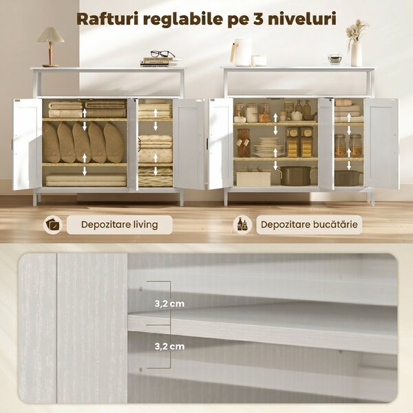 HOMCOM Bufet de Bucătărie cu Raft Deschis și 2 Dulapuri, Mobilier de Bucătărie cu Rafturi Ajustabile din Lemn, Bufet pentru Hol, Sufragerie și Sala de Mese, 100x35x88 cm, Alb | Aosom Romania