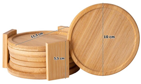 Set 6 suporturi pahare, diametru 10 cm, grosime 7 mm, bambus