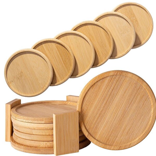 Set 6 suporturi pahare, diametru 10 cm, grosime 7 mm, bambus