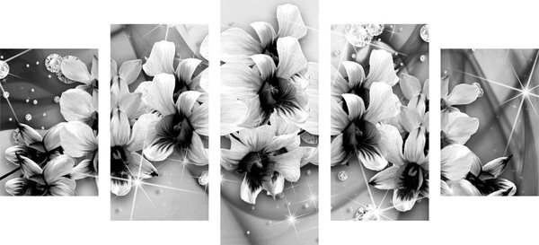 Tablou 5-piese flori alb-negru pe un fundal abstract