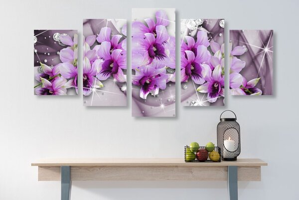 Tablou 5-piese flori violete pe un fundal abstract