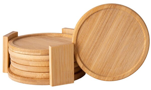 Set 6 suporturi pahare, diametru 10 cm, grosime 7 mm, bambus