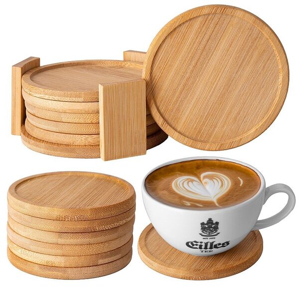 Set 6 suporturi pahare, diametru 10 cm, grosime 7 mm, bambus