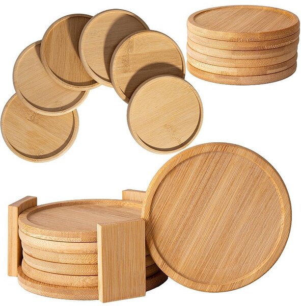 Set 6 suporturi pahare, diametru 10 cm, grosime 7 mm, bambus
