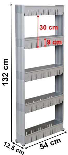 Raft modular universal, 5 polite depozitare, cu roti, 132x54x12,5 cm