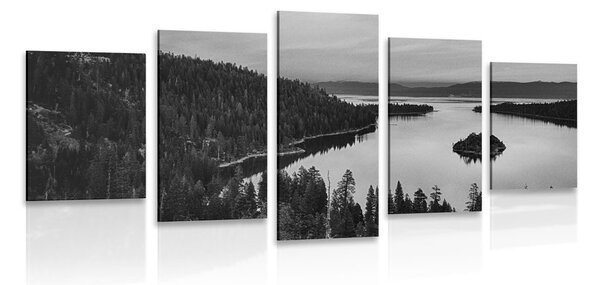 Tablou 5-piese lacul la apus de soare în design alb-negru