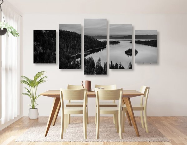 Tablou 5-piese lacul la apus de soare în design alb-negru