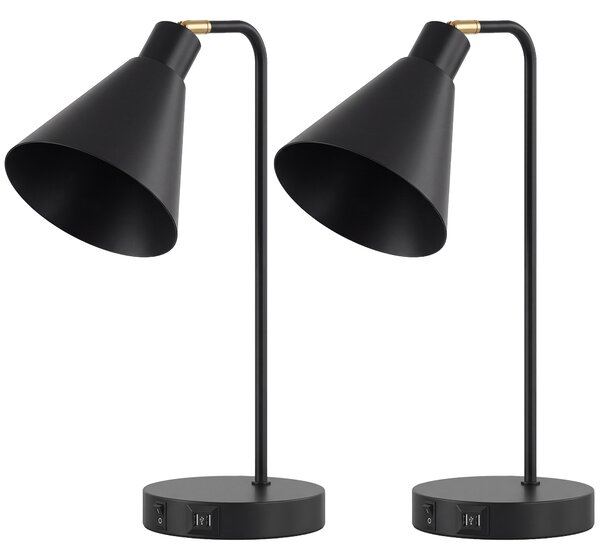 HOMCOM Set de 2 Lămpi de Masă Moderne din Oțel cu Porturi USB, E27, Becurile Nu Sunt Incluse, Negru | Aosom Romania