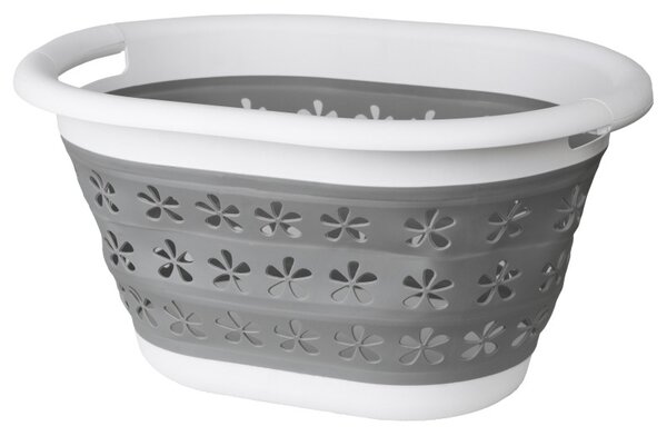 Cos de rufe pliabil, 2 manere, 25 L, model floral, 25x50x37 cm, gri/alb