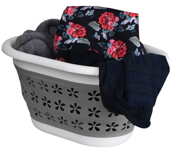 Cos de rufe pliabil, 2 manere, 25 L, model floral, 25x50x37 cm, gri/alb