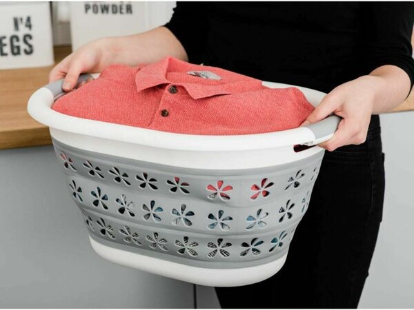Cos de rufe pliabil, 2 manere, 25 L, model floral, 25x50x37 cm, gri/alb