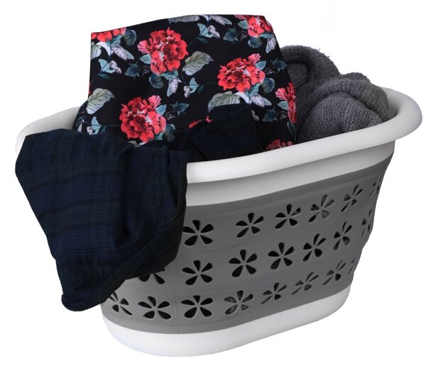 Cos de rufe pliabil, 2 manere, 25 L, model floral, 25x50x37 cm, gri/alb