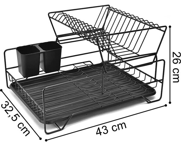Suport de vase metalic supraetajat cu scurgator si suport tacamuri, tava extensibila, 43x32.5x26 cm