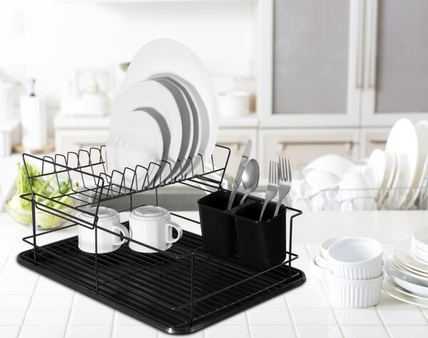 Scurgator de vase cu suport tacamuri, doua niveluri, recipient detasabil, 43x32x21 cm, negru