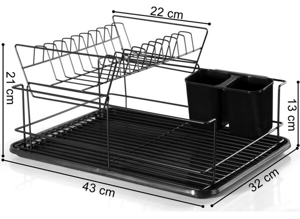 Scurgator de vase cu suport tacamuri, doua niveluri, recipient detasabil, 43x32x21 cm, negru