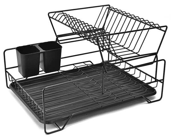 Suport de vase metalic supraetajat cu scurgator si suport tacamuri, tava extensibila, 43x32.5x26 cm