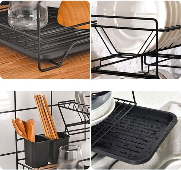 Suport de vase metalic supraetajat cu scurgator si suport tacamuri, tava extensibila, 43x32.5x26 cm