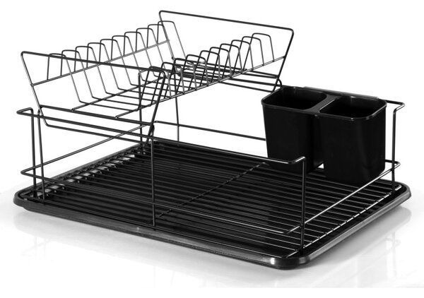 Scurgator de vase cu suport tacamuri, doua niveluri, recipient detasabil, 43x32x21 cm, negru