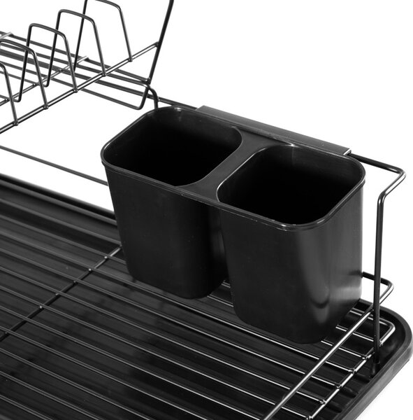 Scurgator de vase cu suport tacamuri, doua niveluri, recipient detasabil, 43x32x21 cm, negru
