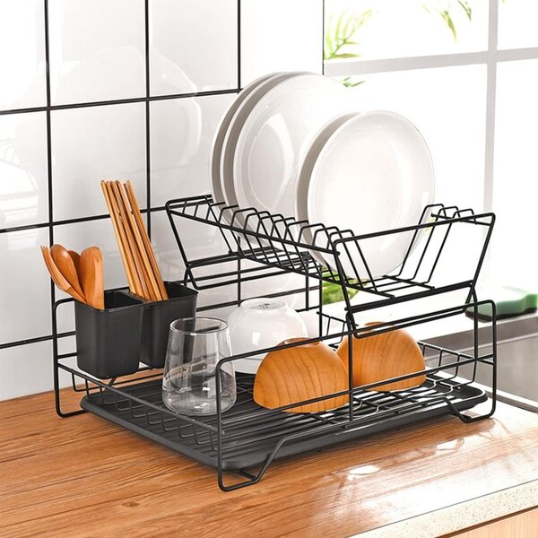 Suport de vase metalic supraetajat cu scurgator si suport tacamuri, tava extensibila, 43x32.5x26 cm
