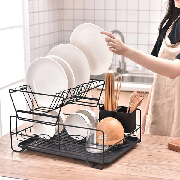 Suport de vase metalic supraetajat cu scurgator si suport tacamuri, tava extensibila, 43x32.5x26 cm