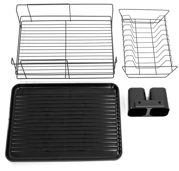 Scurgator de vase cu suport tacamuri, doua niveluri, recipient detasabil, 43x32x21 cm, negru