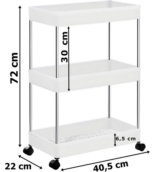 Etajera cu 3 rafturi depozitare, roti cu blocare, 15 kg/nivel, inaltime 72 cm, plastic si metal