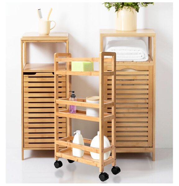 Raft INAKI Bamboo, 3 niveluri, 4 roti, utilizare universala, inaltime 75 cm