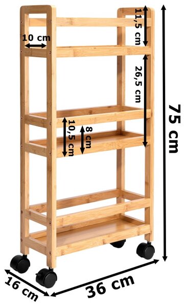Raft INAKI Bamboo, 3 niveluri, 4 roti, utilizare universala, inaltime 75 cm