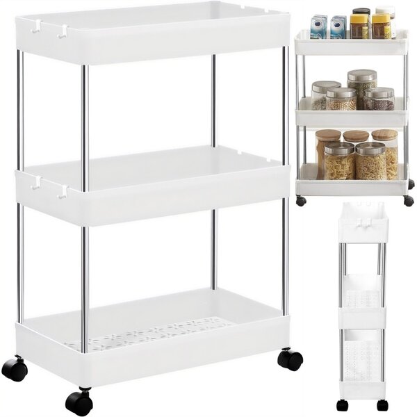 Etajera cu 3 rafturi depozitare, roti cu blocare, 15 kg/nivel, inaltime 72 cm, plastic si metal