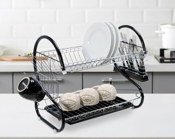 Suport vesela cu doua niveluri, tava detasabila, 25 x 56.5 x 38 cm, otel, negru/argintiu