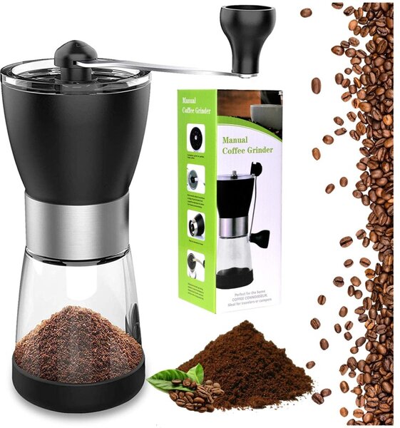 Rasnita manuala de cafea si condimente, buton modificare finete macinare, silicon si sticla